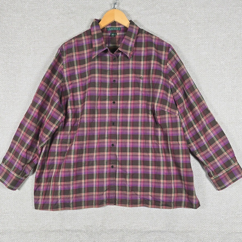 Lauren Ralph Lauren Womens 3X Plaid Button Down Shirt Purple Pink Cotton RLL‎